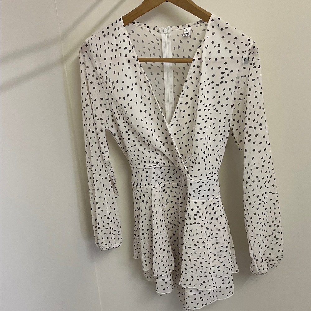 White Long Sleeve Polka Dot Wrap Romper